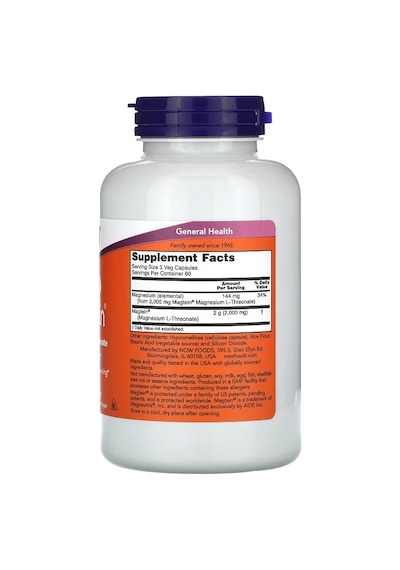 Now Foods, Magtein , Magnesium Magnezyum L-threonate, 2,000 Mg, 180 Veg Caps Aromasız