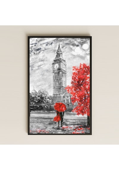 Big Ben Ve Kırmızı Şemsiyeli Aşk Uv Baskı Pvc Tablo