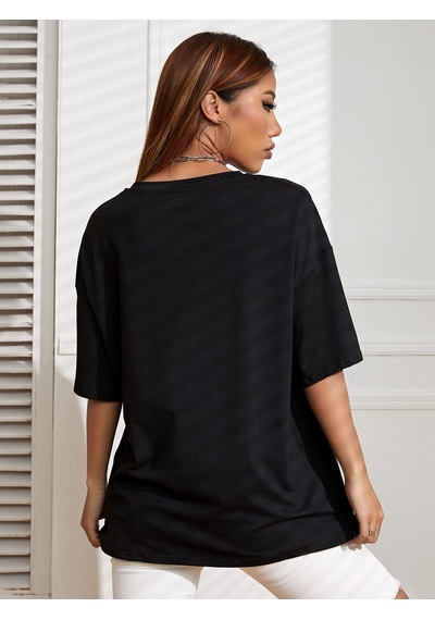 Uyguntarz Unisex Çift Kurdele Tasarım Basklı Tshirt Siyah