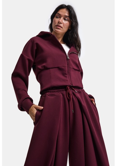 Kadın Bordo W6-35 Üst Polar Alt Eşofman Pantolon 2'li Takım