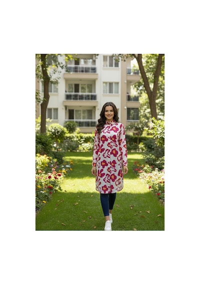 Polologin Butik Büyük Çiçek Desenli Düğmeli Tunik - Beyaz/fuşya Pembe