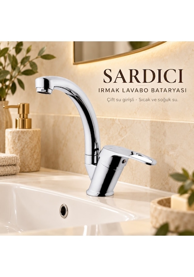 Sardıcı Irmak Krom Kısa Kuğu Lavabo Bataryası Çift Su Girişli 40 Cm Hortum Ve Montaj Takımı Dahil