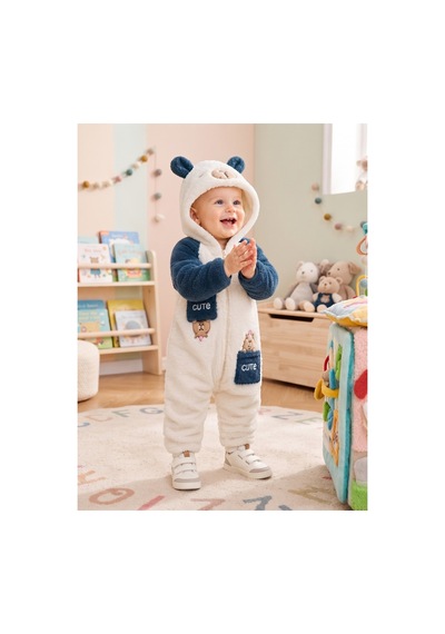 Chicsy Baby Tatlı Ayıcık Nakışlı Bebek Welsoft Tulum Kapüşonlu Kulaklı Fermuarlı Cepli Kışlık Peluş Tulum Lacivert
