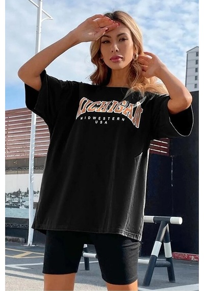 Flood Of Style Kadın Siyah Oversize Michigan Baskılı T-shirt
