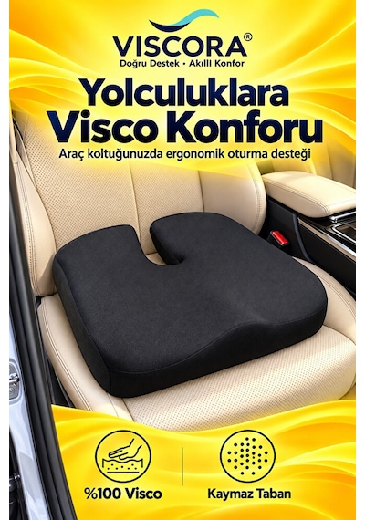 Visco Kuyruk Sokumu Oturma Minderi Araba, Ofis Ve Ev İçin U Şekilli Kaymaz Taban Siyah