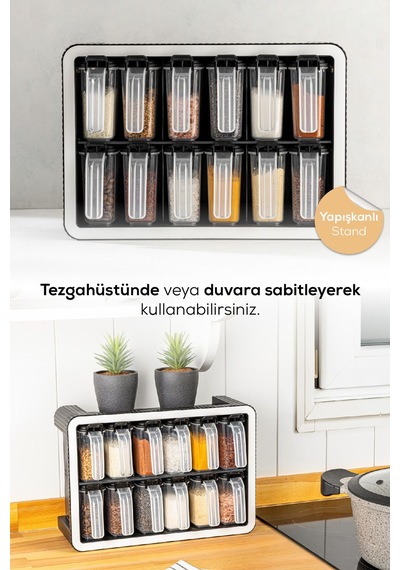 Vienev 12li 250 Ml Standlı Kendinden Yapışkanlı Kaşıklı Baharatlık Seti Antrasit