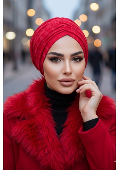Aişe Tesettür Kırmızı Kışlık Büzgülü Bone