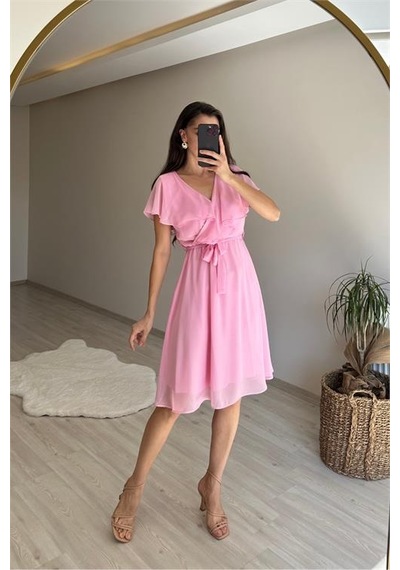 Neşeli Butik Kadın V Yaka Kuşaklı Mini Şifon Elbise Nm007 Pudra