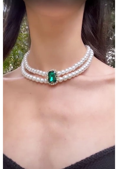 Haki Kristal Uçlu İnci Choker Kolye Beyaz