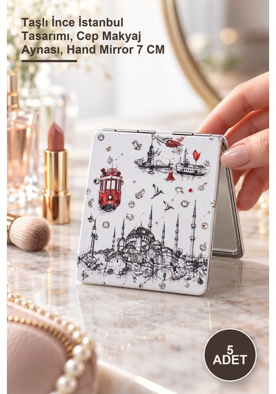 5 Adet El Aynası Taşlı İnce İstanbul Tasarımı, Cep Makyaj Aynası, Hand Mirror 7 Cm Diğer