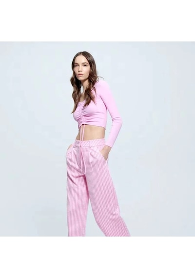 Escbutik Kadın V-yaka Önü Büzgülü Uzun Kollu Crop Bluz Pembe