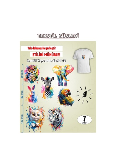Ütü İle Yapışan Kıyafet Etiketi Renkli Hayvanlar Serisi -2 7li Set Karışık