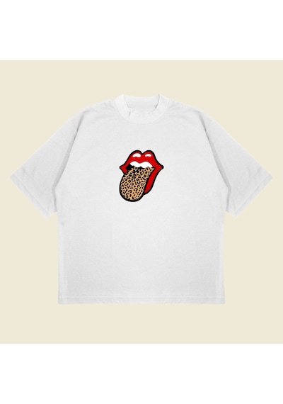 Tarzsokak Leopar Rolling Stones Baskılı Oversize Unisex Pamuklu Nefes Alan Kalın Kumaşlı Beyaz