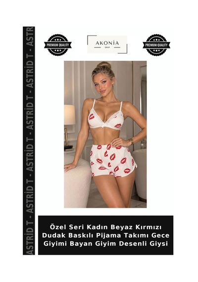 Astrid T Özel Seri Kadın Beyaz Kırmızı Dudak Baskılı Pijama Takımı Gece Giyimi Bayan Giyim Desenli Giysi Beyaz - Kırmızı