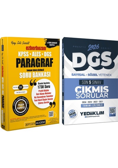 Yediiklim 2026 Dgs Son 5 Yıl Çıkmış Sorular Ve Pegem Ezberbozan Paragraf Soru Bankası Seti 2 Kitap