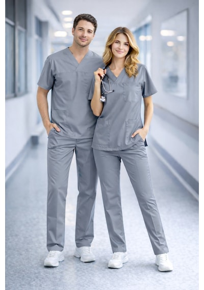Likralı Hemşire Doktor Forması Premium Belinda Soft Kumaş Scrubs Hastane Üniforması Cerrahi Takım Gri