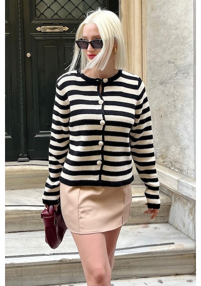Madmext Siyah Çizgili Bisiklet Yaka Gold Düğme Detaylı Cotton Hırka Mg1605
