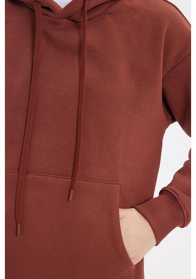 Tudors Kadın Oversize Geniş Kesim Pamuklu Yumuşak Dokulu İçi Polarlı Basic Kahverengi Kapüşonlu Sweatshirt-42082 Kahverengi