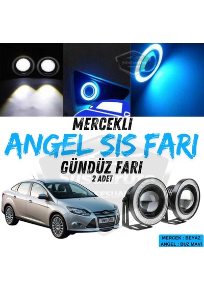 Ford Focus 3 2011-2014 Uyumlu Mercekli Angel Sis Farı Metal 76 Mm Buz Mavi Halkalı Gündüz Farı Angel Eyes 2 Adet