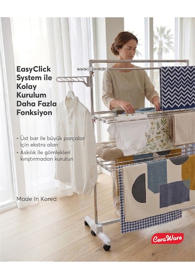 Home S3 Premium 3 Katlı Çamaşırlık Made in Korea Tam Katlanır Tekerlekli Çamaşır Kurutmalık