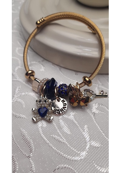 Uzel Çelik Sarı Gold Model Anahtarlı Ayıcık Charmlı Çelik Bileklik Mavi