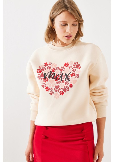 Shade Kadın Üç İplik Şardonlu Yuvarlak Yaka Pati Baskılı Sweatshirt Mbhs005 60601005 - Bej