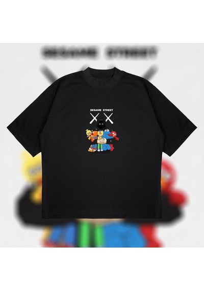 Startmore Kaws X Sesame Street Boxy Fit Oversize Unisex Tshirt Baskılı Tişört Siyah