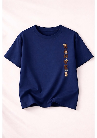 Herkesemoda Love Teddy Baskı Detaylı Kadın Bisiklet Yaka Pamuklu T-shirt Lacivert