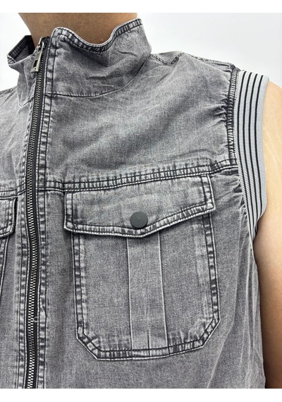 Büyük Beden Denim Dik Yaka Fermuarlı Cepli Bomber Erkek Yelek Antrasit