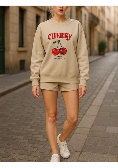 Uyguntarz Unisex Happycherry Tasarım Basklı Sweatshirt Bej