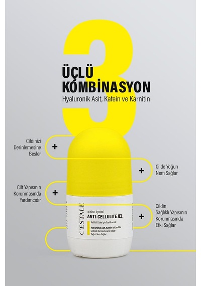 C Estale Selülit Karşıtı Roll-on Masaj Jeli Kafein, Karnitin, Hyaluronik Asit Ve Bitkisel Özler Sıkılaştırıcı & Pürüz Görünümü Azaltıcı Etki 50 Ml