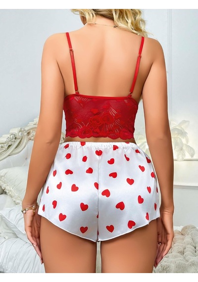 Kadın Kırmızı Kalp Desenli Şort Askılı Dantel Üst Pijama Takımı 2218 Kırmızı