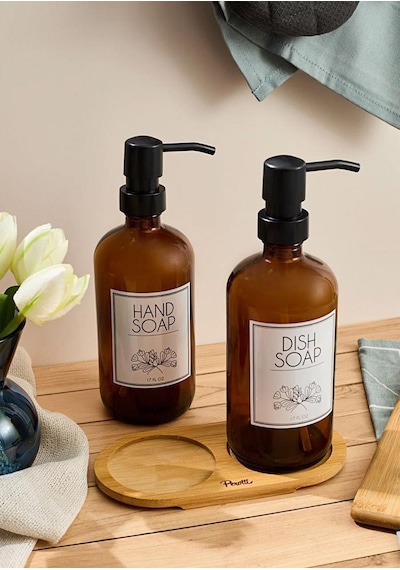 Lozione 2 Li Mutfak Sıvı Sabunluk Seti - Bambu Stantlı Sıvı Sabunluk Takımı - 2x500 Ml, Siyah Amber Amber