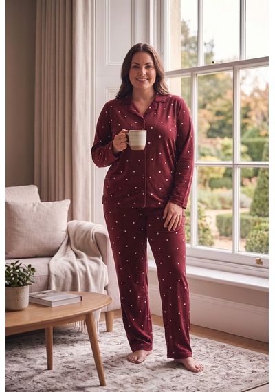 Seboteks Süet Kumaş Önden Düğmeli Büyük Beden Kadın Pijama Takımı 2800 Bordo