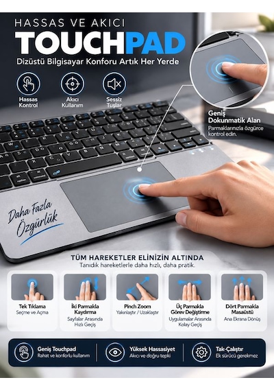 Alüminyum Şarjlı 64 Tuşlu Türkçe Q Klavye Deri Standlı Katlanabilir Bluetooth Dokunmatik Touchpad
