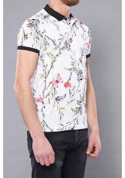 Yake Store Polo Yaka Çiçek Desenli T-shirt - Wessi - Sarı Beyaz