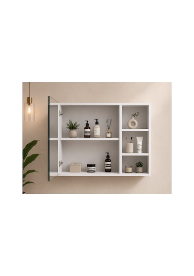 Raflı Aynalı Banyo Dolabı - Kapaklı Duvara Monte Banyo Tuvalet Dolabı Beyaz