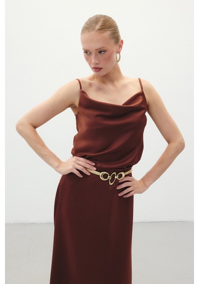 Sateen Degaje Yaka Saten Bluz - Kahve