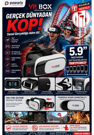 Sanal Gerçeklik Gözlüğü Set 360 Vr Evde Eğlence Paketi Kulalkık