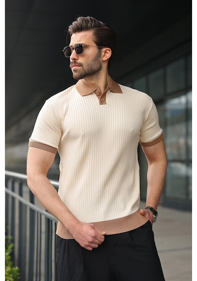 Madmext Taş Rengi Polo Yaka Triko Erkek Tişört E7471 Taş Rengi