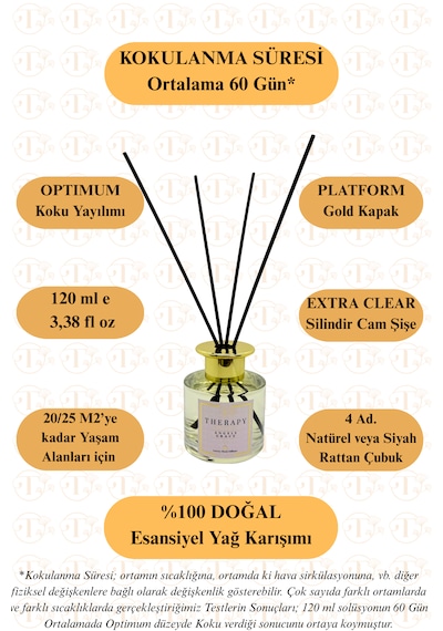 Therapy Smell, Angels Grace - Lüks Çubuklu Oda Kokusu / 120 Ml / Extra Clear Silindir Cam Şişe / Platform Altın Kapak Oryantal