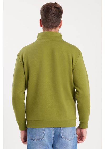 Tudors Unisex Relax Fit Rahat Kesim Pamuklu İçi Polarlı Yarım Fermuarlı Haki Dik Yaka Sweatshirt-31452
