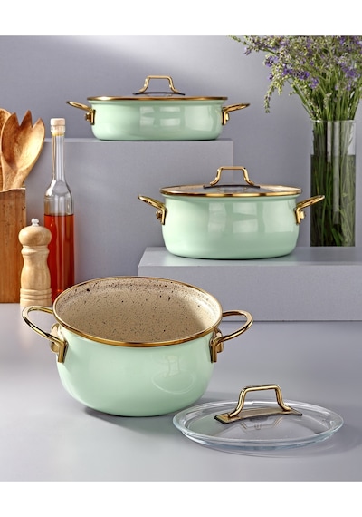 Bonera Emaye Vintage Güveç 6 Pcs Ten. Seti 16-20 Ten.22 Kry Su Yeşili-emy 2402