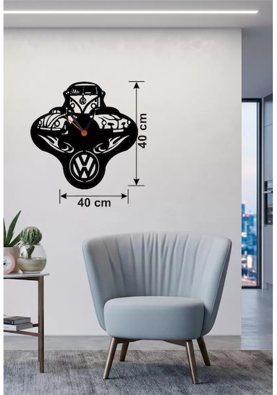 Vosvos Ve Retro Araba Temalı Ahşap Duvar Saati - 40x40 Cm Lazer Kesim Çok Renkli