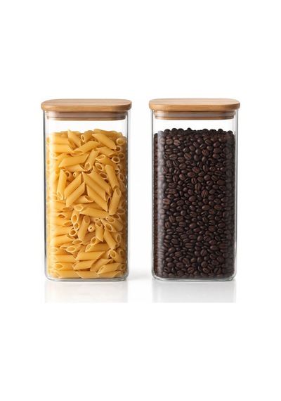 Bambu Kapaklı Dikdörtgen Cam Kavanoz 2'li Set 1500 Ml, Şeffaf Erzak Saklama Kabı, Mutfak Düzenleyici Cam Kavanoz Seti, Bakliyat Makarna Kahve Pirinç Saklama Kabı Çok Renkli