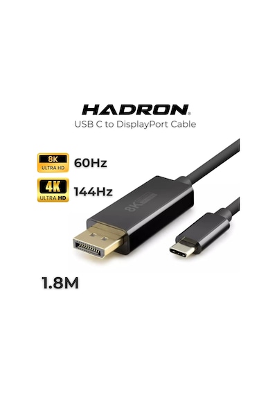 Type-c To Displayport Kablo - 8k 60hz / 4k 144hz Destekli, 1.8 Metre, Thunderbolt 3/4 Uyumlu, M Standart