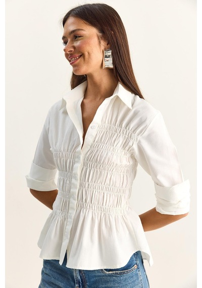 Shade Kadın Asimetrik Büzgü Detaylı Lastikli Bel Formlu Düğmeli Poplin Gömlek 0998 60286161 - Beyaz Shade Kadın Asimetrik Büzgü Detaylı Lastikli Bel Formlu Düğmeli Poplin Gömlek 0998 60286161 - Beyaz