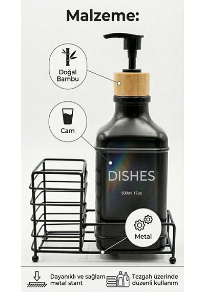 Makri Home Metal Stantlı Bambu Kapaklı Cam Sıvı Sabunluk/deterjanlık, 500 Ml, 15 8,5 23 Cm Siyah
