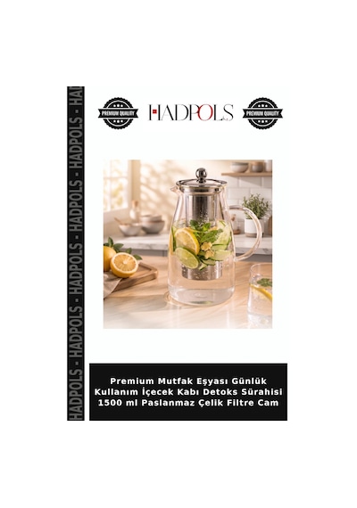 Premium Mutfak Eşyası Günlük Kullanım İçecek Kabı Sürahisi 1500 Ml Paslanmaz Çelik Filtre Cam Şeffaf