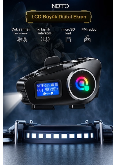 İntercom 2 Kişi Bağlantılı Telsiz Özellikli Bluetooth Kask Kulaklık Ekranlı Fenerli Telsiz Intercom